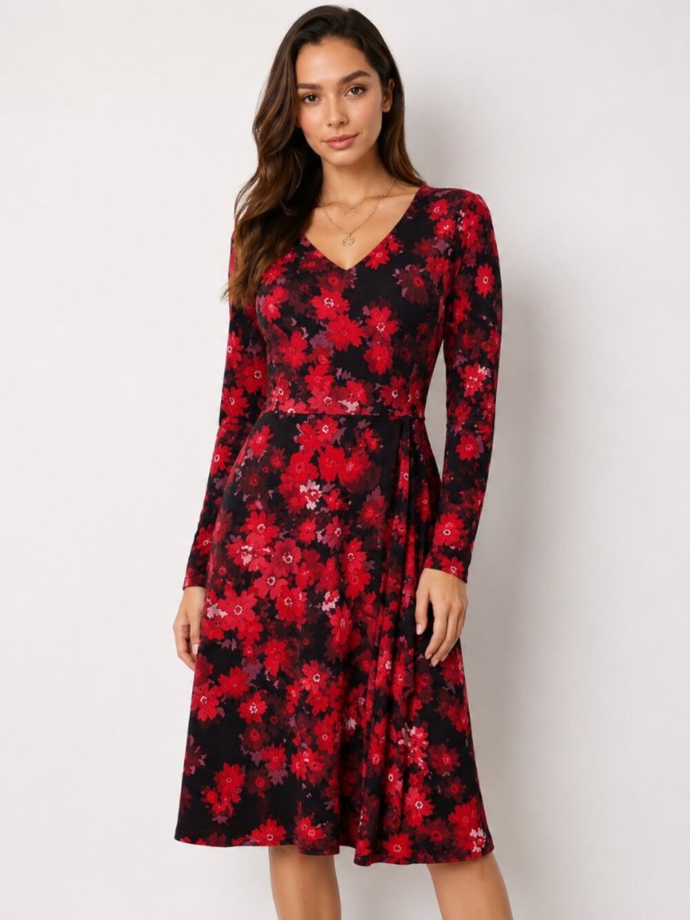 Tommy Hilfiger Women Dress Size 4 Red Floral A-Line V-Neck Knee Length